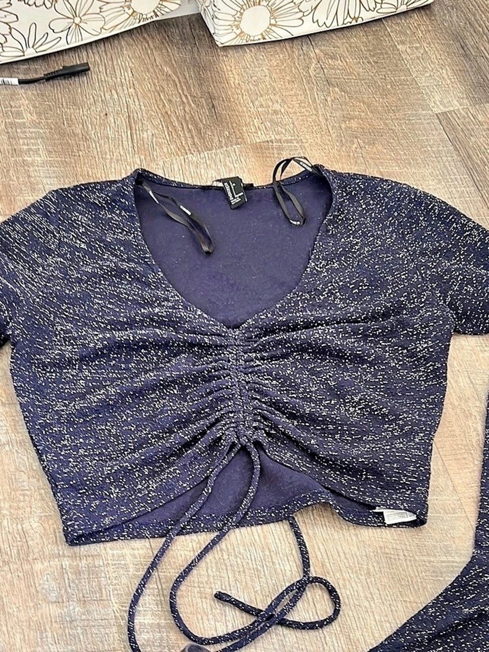 Forever 21 Ruched Drawstring Long-Sleeve Crop Top Blue